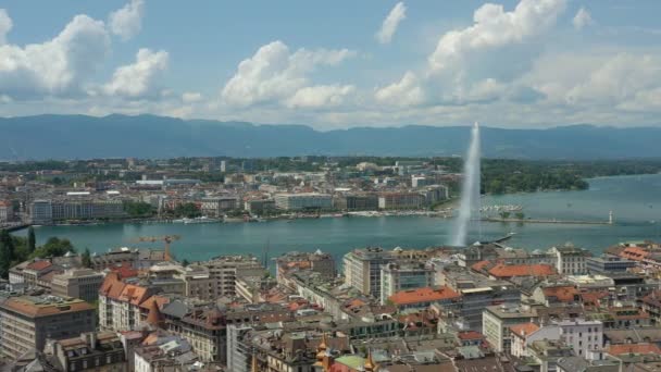 Day Time Footage Geneva Aerial Riverscape Panorama Huge Fountain Switzerland — Stockvideo