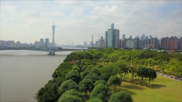 День Время Гуанчжоу Риверсайд Воздушная Панорама Отснятый Материал Китай — стоковое видео