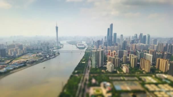Hora Del Día Guangzhou Panorama Aéreo Junto Río Timelapse Metraje — Vídeos de Stock
