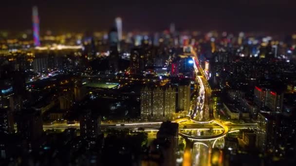 Noche Iluminada Guangzhou Panorama Tráfico Aéreo Timelapse Metraje China — Vídeos de Stock