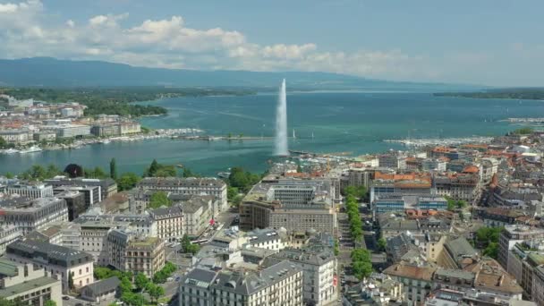 Día Metraje Ginebra Paisaje Paisajes Aéreos Con Gran Fuente Suiza — Vídeo de stock