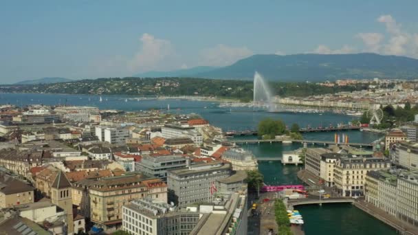 Day Time Footage Geneva Aerial Riverscape Panorama Huge Fountain Switzerland — Stockvideo