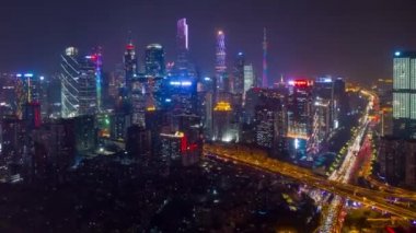 Gece vakti Guangzhou Endüstriyel Şehir Havası Panoraması. 4k zaman dilimi Çin porseleni