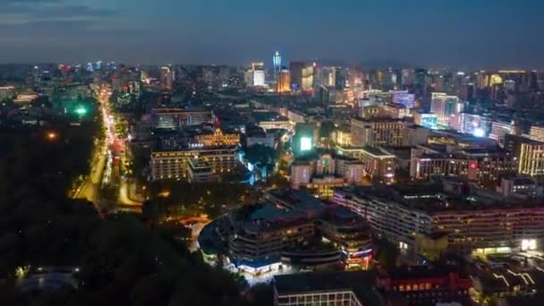 Nacht Hangzhou Stadtzentrum Verkehr Fluss Bucht Bauhof Antenne Zeitraffer Panorama — Stockvideo