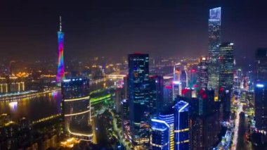 Gece vakti Guangzhou Endüstriyel Şehir Havası Panoraması. 4k zaman dilimi Çin porseleni