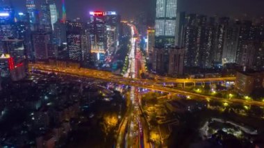Gece vakti Guangzhou Endüstriyel Şehir Havası Panoraması. 4k zaman dilimi Çin porseleni