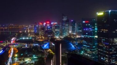 Gece vakti hangzhou şehir merkezi trafiği nehir kenarı inşaat alanı havadan zaman çizelgesi panorama 4k porseleni