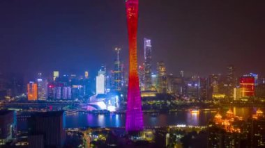 Gece vakti Guangzhou Endüstriyel Şehir Havası Panoraması. 4k zaman dilimi Çin porseleni