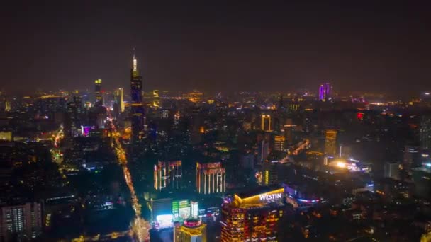Éjszakai Repülés Világított Nanjing Város Légi Panoráma Időintervallum Felvételek — Stock videók