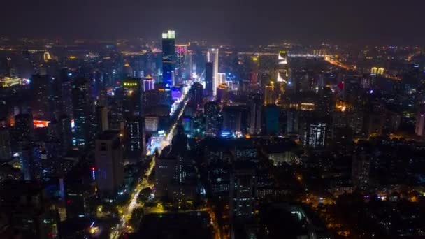 Nocny Lot Nad Oświetlonym Nanjing Miasta Panorama Lotnicza Timelapse Materiał — Wideo stockowe