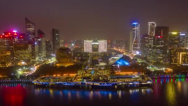 Natt Tid Hangzhou Centrum Trafik Flod Vik Konstruktion Gård Antenn — Stockvideo