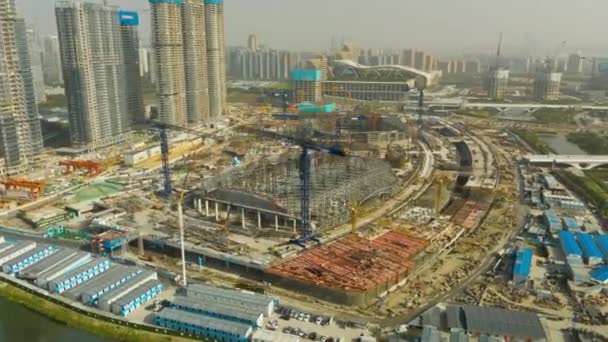 Zonnige Dag Hangzhou Stad Mega Bouw Werf Stadion District Antenne — Stockvideo