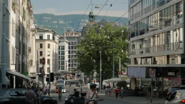 Denní Čas Záběry Ženevské Městské Dopravní Panorama Švýcarsko — Stock video
