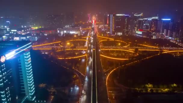 Night Time Illuminated Chengdu City Downtown Aerial Traffic Panorama Timelapse — Stock Video