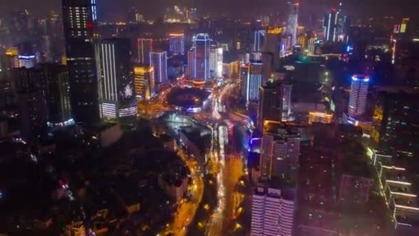 Noche Iluminación Changsha Ciudad Centro Tráfico Calle Cruce Antena Timelapse — Vídeos de Stock