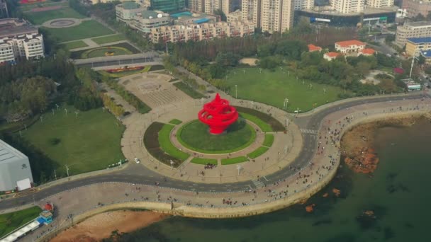 Hora Del Día Qingdao Ciudad Centro Panorama Aéreo China — Vídeos de Stock