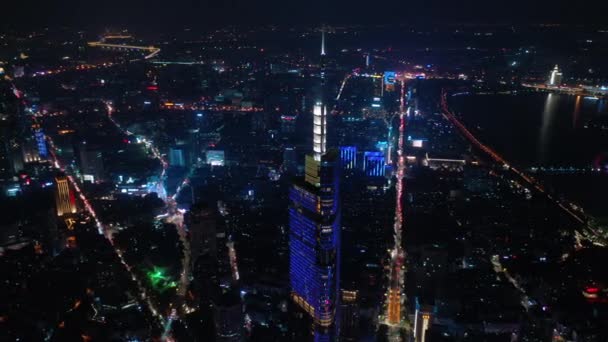 Vol Nuit Dessus Panorama Aérien Illuminé Ville Nanjing — Video