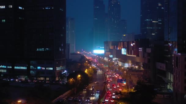 Noche Iluminación Qingdao Ciudad Tráfico Aéreo Panorámico China — Vídeo de stock