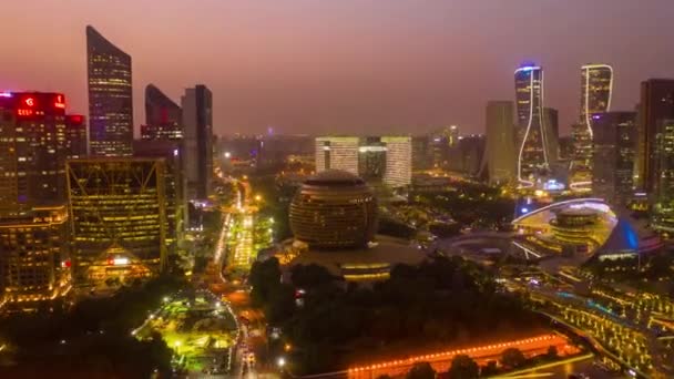 Noche Tiempo Hangzhou Ciudad Centro Tráfico Ribera Bahía Construcción Patio — Vídeo de stock