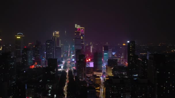 Noční Let Nad Osvětleným Nanjing City Letecké Panorama Záběry — Stock video