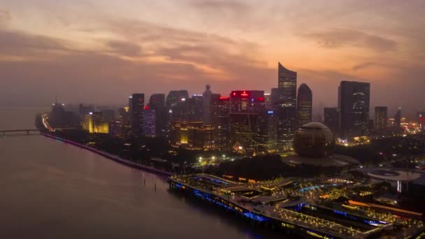 Natt Tid Hangzhou Centrum Trafik Flod Vik Konstruktion Gård Antenn — Stockvideo