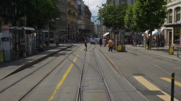 Denní Čas Záběry Ženevské Městské Dopravy Zpomalení Panorama Švýcarsko — Stock video