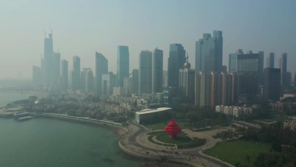 Dagtid Qingdao Stad Centrum Antenn Panorama Porslin — Stockvideo