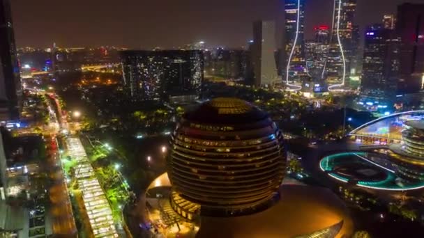 Nacht Hangzhou Stadtzentrum Verkehr Fluss Bucht Bauhof Antenne Zeitraffer Panorama — Stockvideo