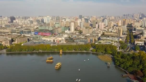 День Днем Місто Ханчжоу Березі Річки Будівельний Двір Аерофотолабораторія China — стокове відео