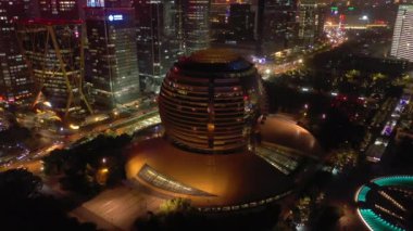 Gece vakti aydınlık Hangzhou şehir merkezi havacılık panoraması 4k porselen