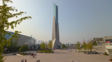 Changsha Şehri güneşli bir gün ünlü kültür kompleksi Delta Körfezi hava zaman çizelgesi panorama 4K Çin porseleni