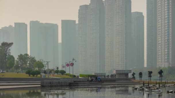 Changsha Город Солнечный День Знаменитый Центр Города Залива Воздушных Timelapse — стоковое видео