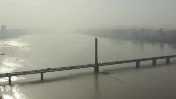 Dag Tid Hangzhou Stad Flod Bukt Konstruktion Gård Antenn Panorama — Stockvideo