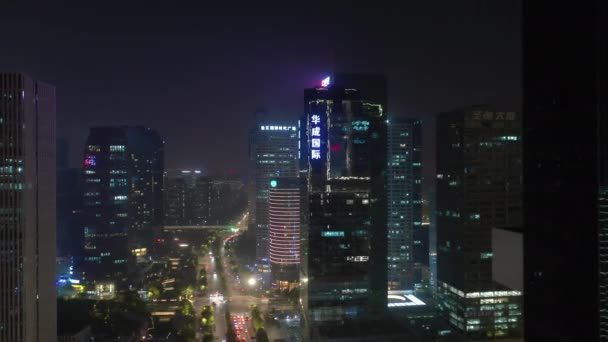 Nattetid Belyst Hangzhou Centrum Antenn Panorama Porslin — Stockvideo