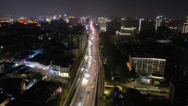 Noite Tempo Hangzhou Centro Cidade Tráfego Aéreo Panorama China — Vídeo de Stock