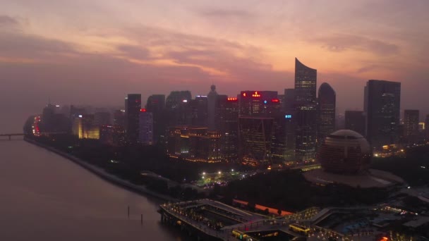 Día Tiempo Hangzhou Ciudad Ribereña Bahía Construcción Patio Antena Panorama — Vídeos de Stock