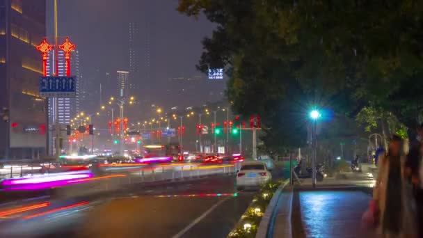 Noche Iluminación Changsha Ciudad Centro Tráfico Calle Cruce Antena Timelapse — Vídeos de Stock
