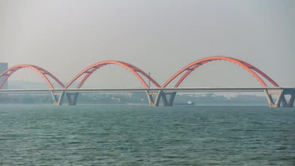 Zonnige Avond Changsha Stad Rivier Beroemde Verkeersbrug Antenne Panorama Porselein — Stockvideo