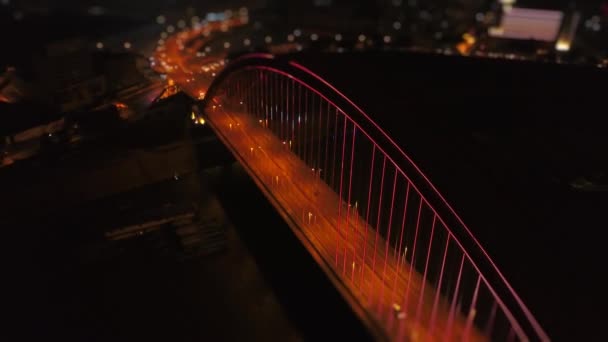 Nachtelijke Verlicht Wuhan Brug Stadsgezicht Luchtfoto Panorama Porselein — Stockvideo