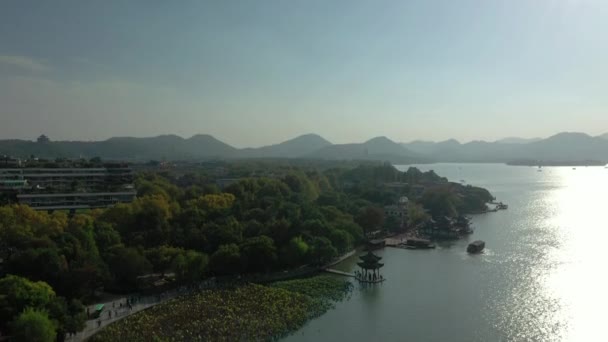Tag Zeit Hangzhou Stadt Fluss Bucht Bauhof Antennenpanorama China — Stockvideo