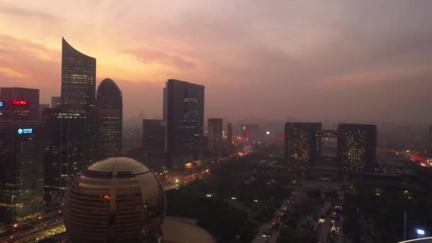 Noite Tempo Iluminado Hangzhou Cidade Centro Aéreo Panorama China — Vídeo de Stock