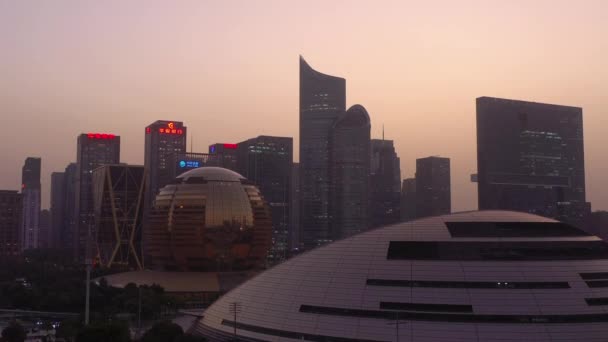 Večerní Čas Osvětlené Hangzhou Centrum Města Letecké Panorama Porcelánu — Stock video