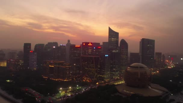 Tempo Notte Illuminato Hangzhou Centro Città Panoramica Aerea Porcellana — Video Stock