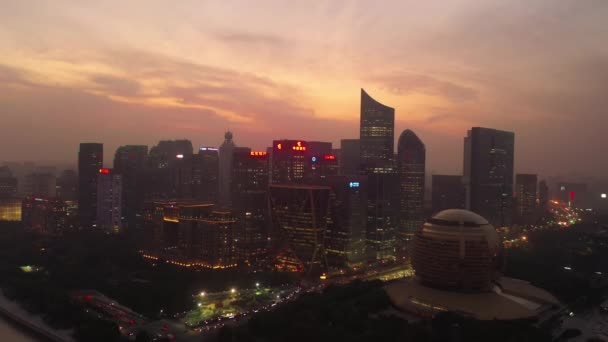 Noite Tempo Iluminado Hangzhou Cidade Centro Aéreo Panorama China — Vídeo de Stock