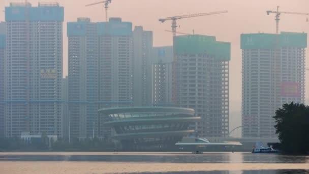Zonsondergang Tijd Changsha Stad Rivier Baai Antenne Panorama Porselein — Stockvideo