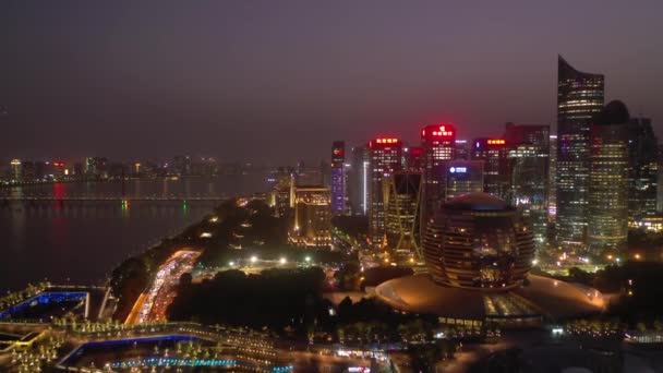 Nacht Beleuchtet Hangzhou Stadtzentrum Antennenpanorama China — Stockvideo