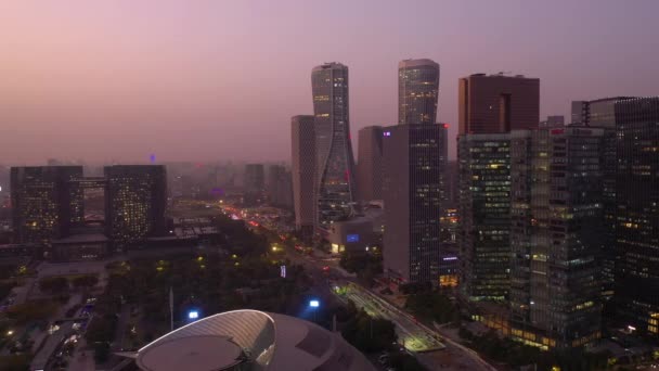 Ночное Время Освещения Ханчжоу Центра Города Воздушной Панорамы Фарфора — стоковое видео