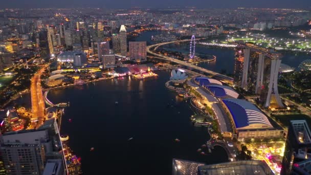 Singapore February 2019 Night Time Singapore City Marina Bay Aerial — Αρχείο Βίντεο