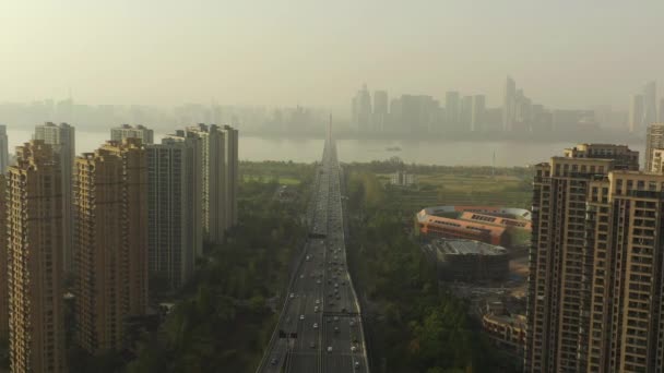 Tag Zeit Hangzhou Stadt Fluss Bucht Bauhof Antennenpanorama China — Stockvideo