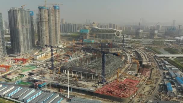 Slunečný Den Hangzhou Město Mega Stavební Dvůr Stadion Okres Letecký — Stock video